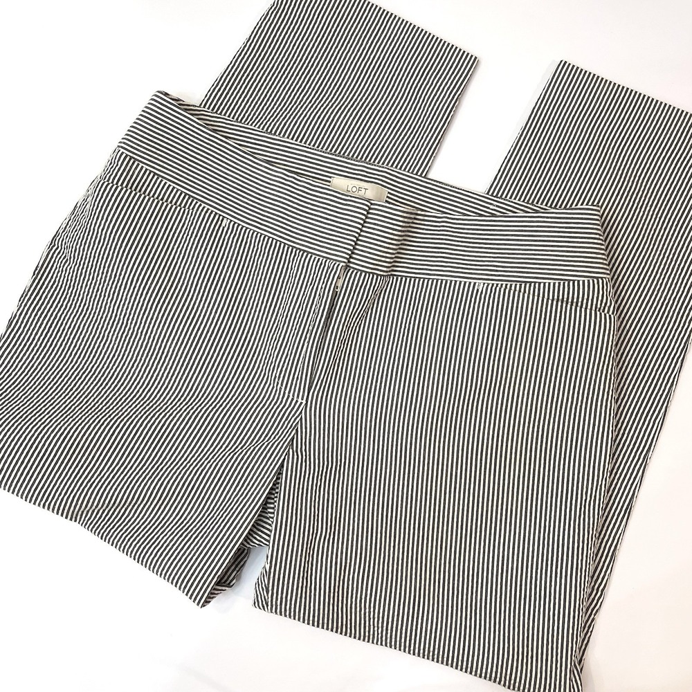 Ann Taylor LOFT Gray White‎ Seersucker Mid Rise Back Pockets Crop Casual Pants 6